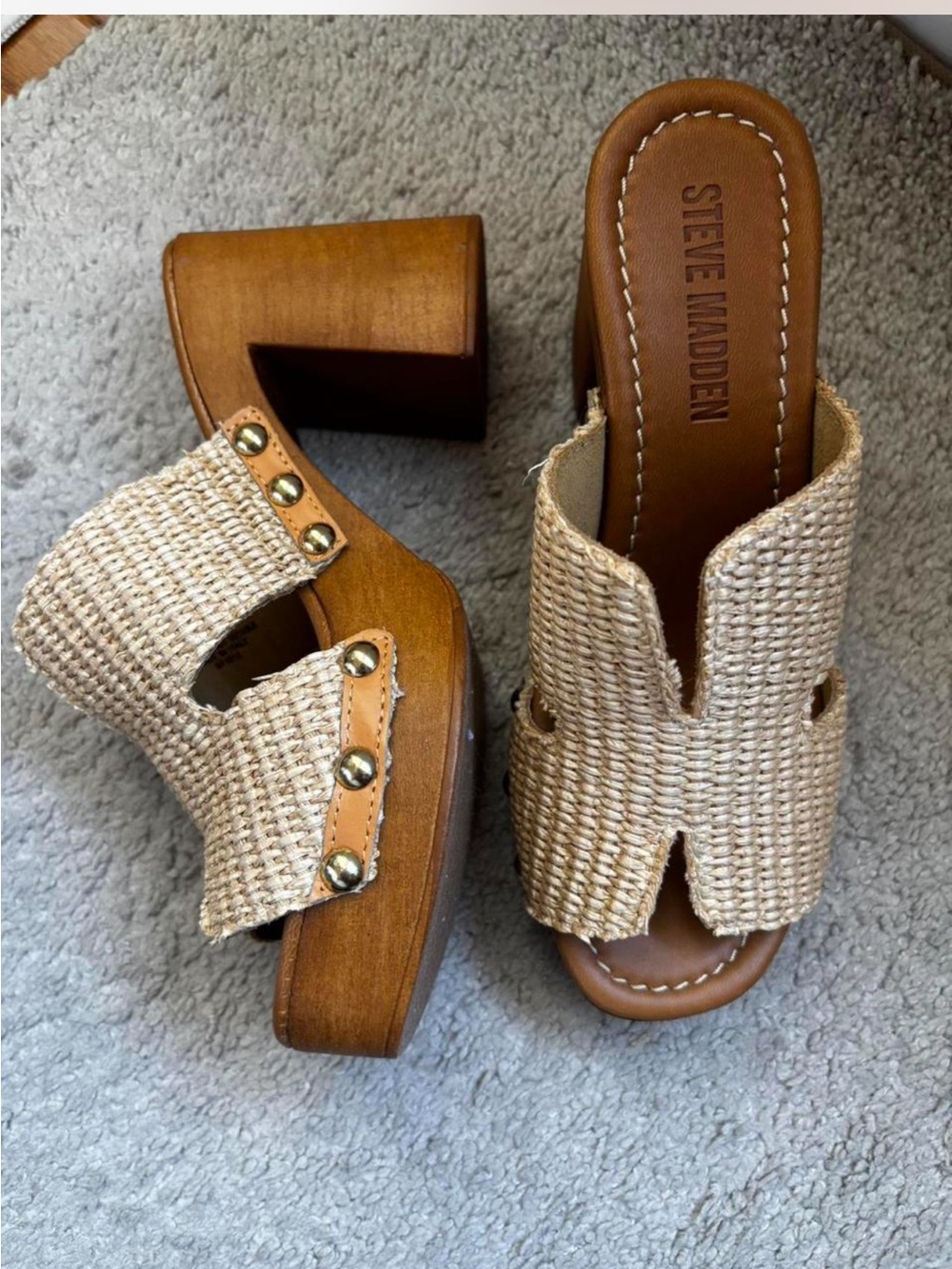 New Steve Madden Tan Woven Studded Platform Mule - Picture 9 of 10